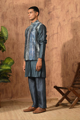 BLUE RAW SILK mens kurta pajama nehru jacket with digital printing