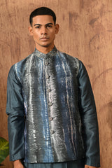 BLUE RAW SILK mens kurta pajama nehru jacket with digital printing