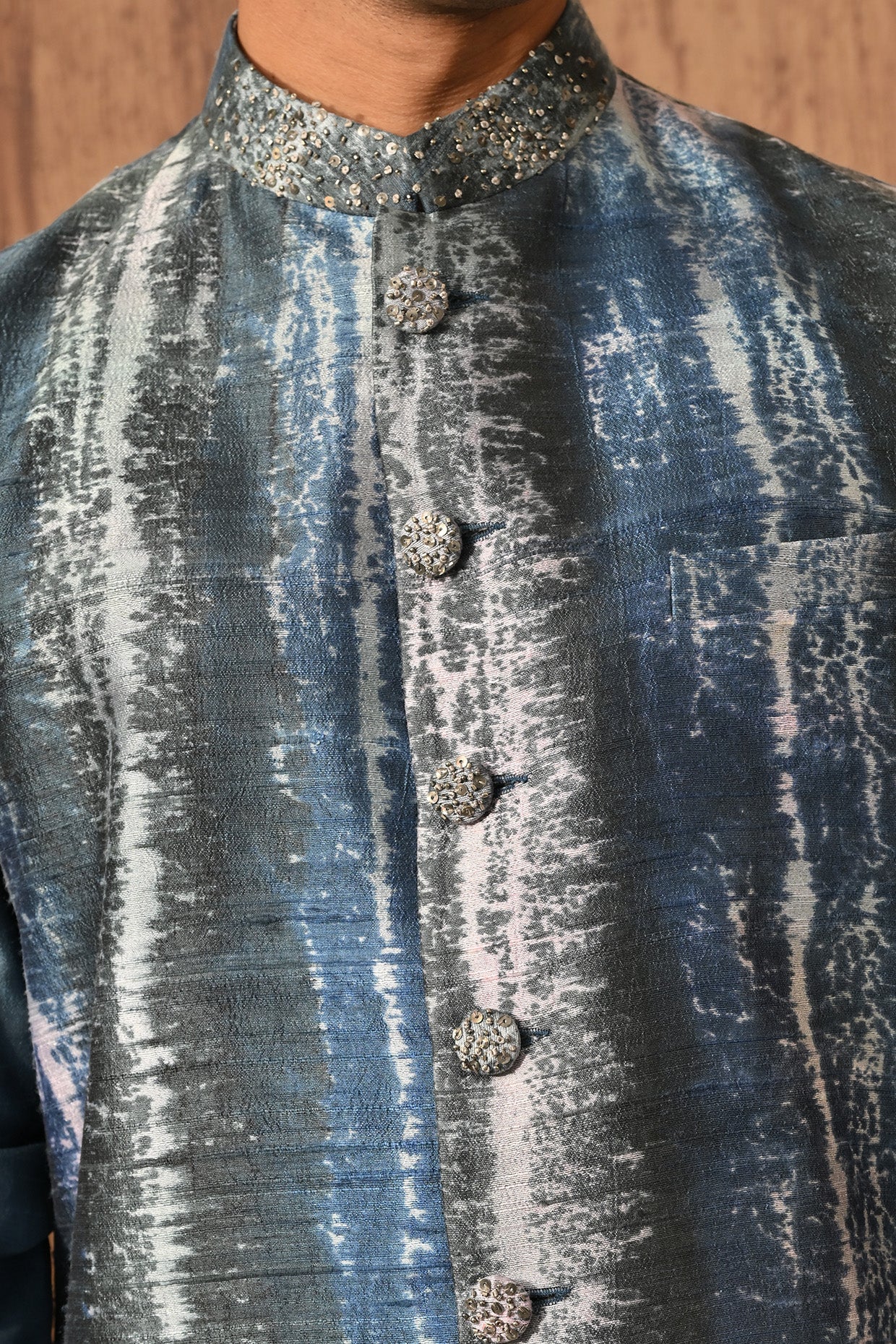 BLUE RAW SILK mens kurta pajama nehru jacket with digital printing