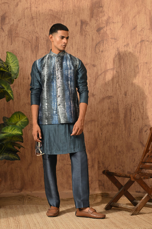 BLUE RAW SILK mens kurta pajama nehru jacket with digital printing