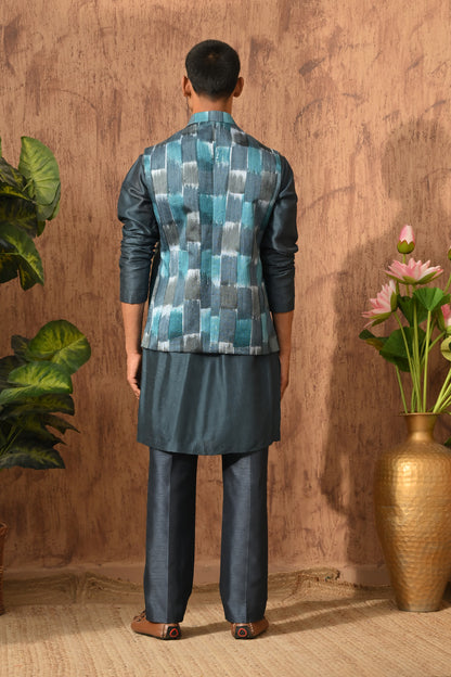 BLUE RAW SILK mens kurta pajama nehru jacket with swarovski and digital printing