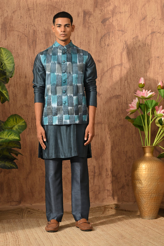 BLUE RAW SILK mens kurta pajama nehru jacket with swarovski and digital printing