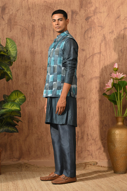 BLUE RAW SILK mens kurta pajama nehru jacket with swarovski and digital printing