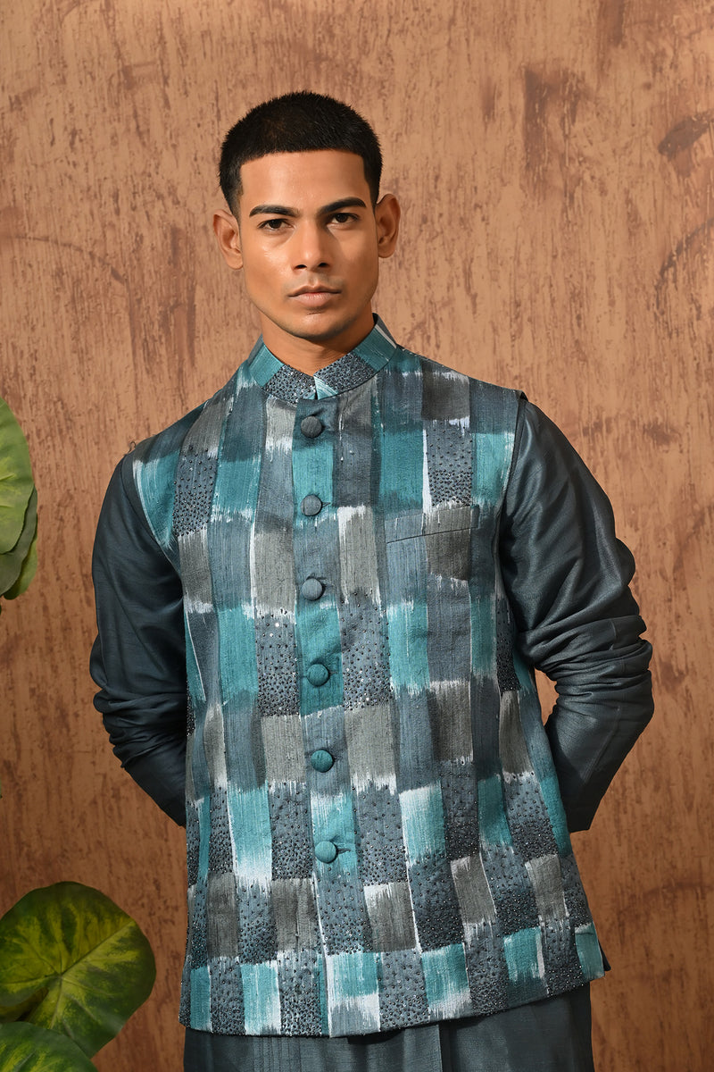 BLUE RAW SILK mens kurta pajama nehru jacket with swarovski and digital printing
