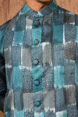 BLUE RAW SILK mens kurta pajama nehru jacket with swarovski and digital printing