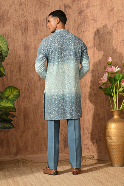 BLUE GEORGETTE mens kurta pajama stole with patra work
