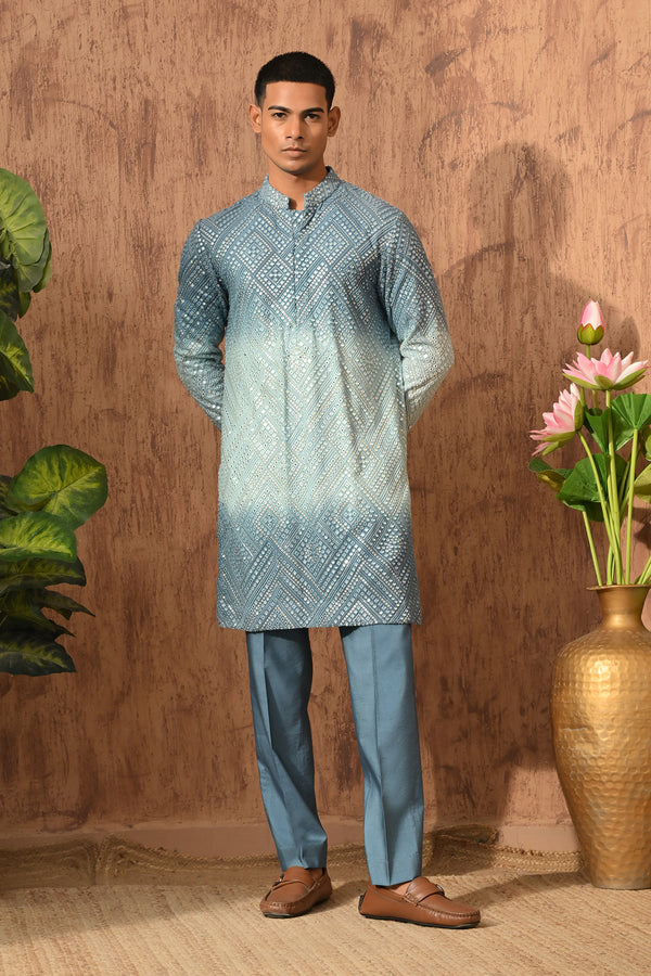 BLUE GEORGETTE mens kurta pajama stole with patra work