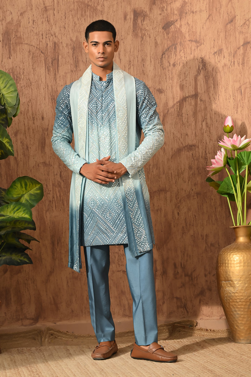 BLUE GEORGETTE mens kurta pajama stole with patra work