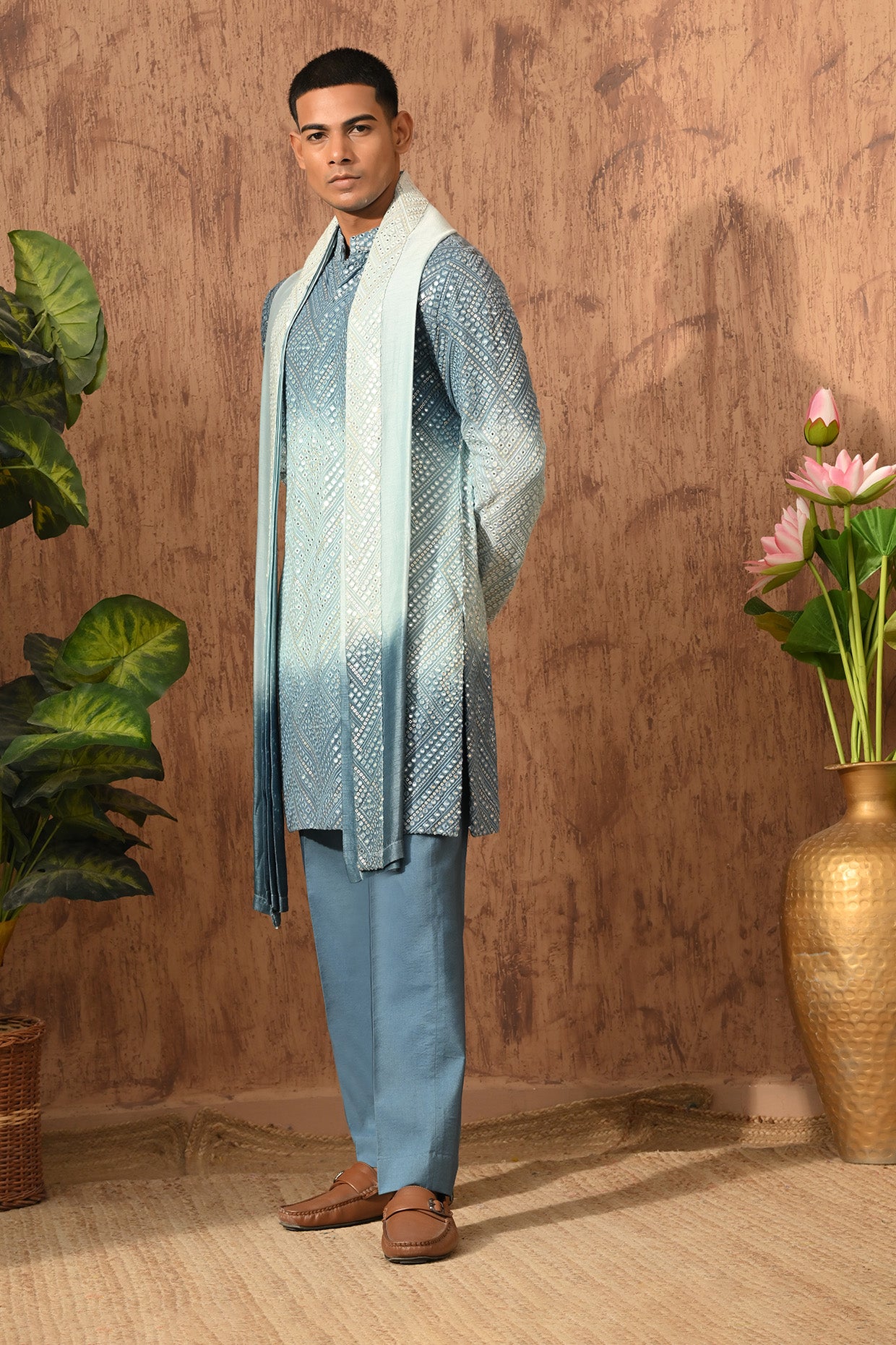 BLUE GEORGETTE mens kurta pajama stole with patra work