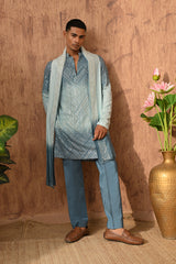 BLUE GEORGETTE mens kurta pajama stole with patra work