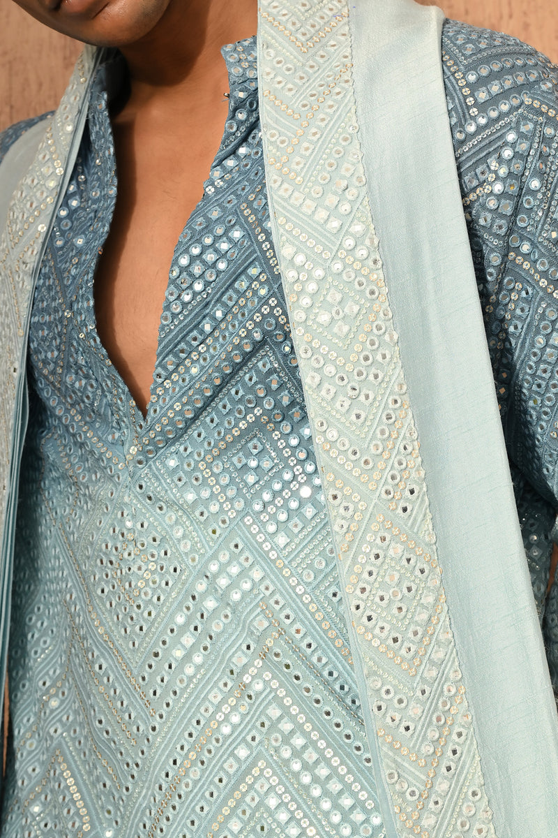 BLUE GEORGETTE mens kurta pajama stole with patra work