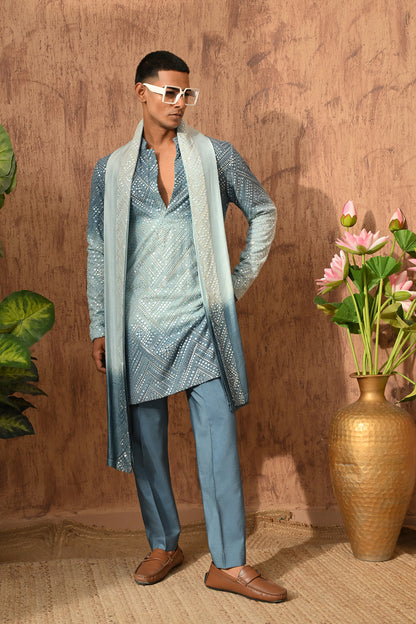 BLUE GEORGETTE mens kurta pajama stole with patra work