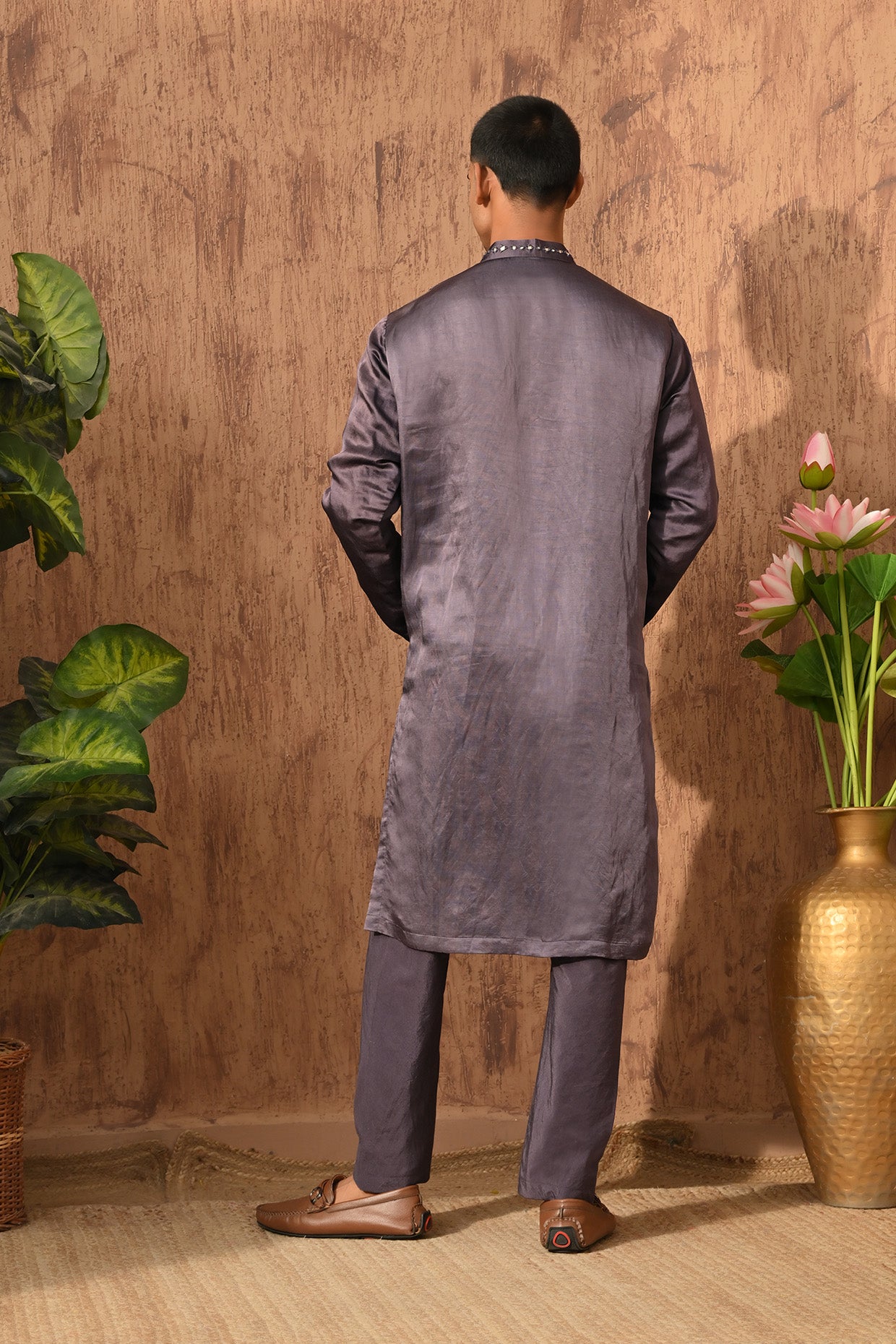 PURPLE LINEN SATIN mens kurta pajama stole with mirrorwork