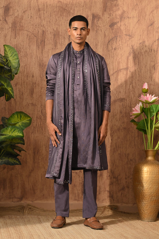 PURPLE LINEN SATIN mens kurta pajama stole with mirrorwork