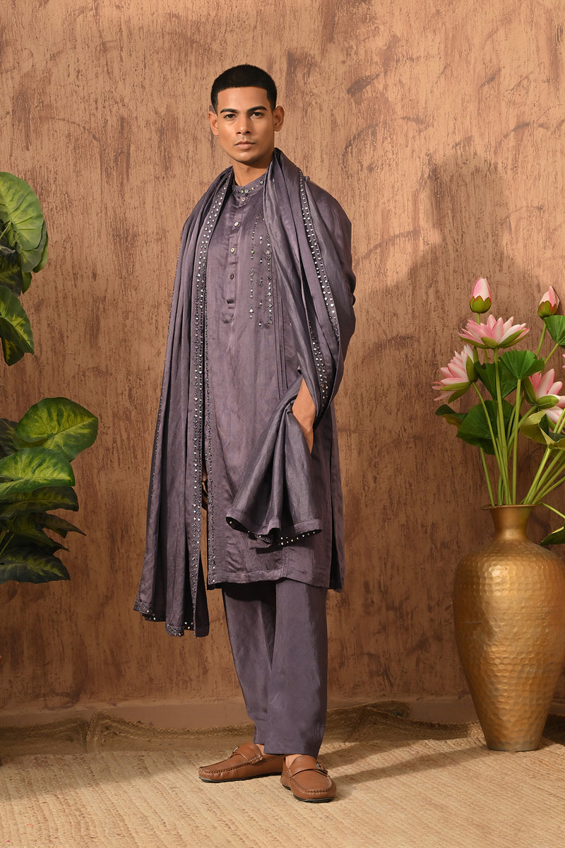 PURPLE LINEN SATIN mens kurta pajama stole with mirrorwork