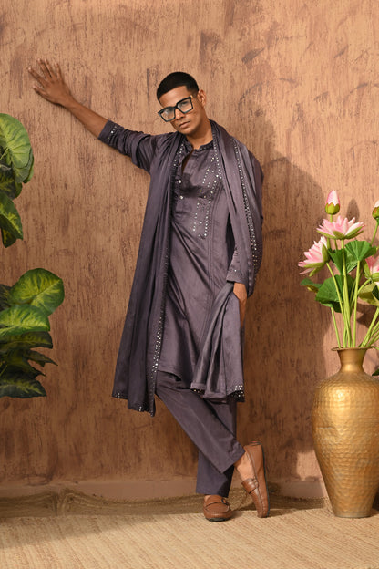 PURPLE LINEN SATIN mens kurta pajama stole with mirrorwork