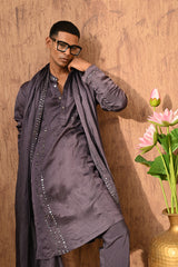 PURPLE LINEN SATIN mens kurta pajama stole with mirrorwork