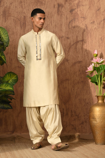 BEIGE VISCOSE SILK mens kurta slawar stole with mirrorwork