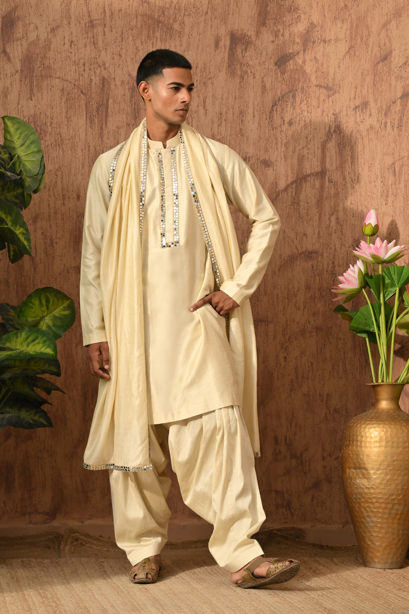 BEIGE VISCOSE SILK mens kurta slawar with stole