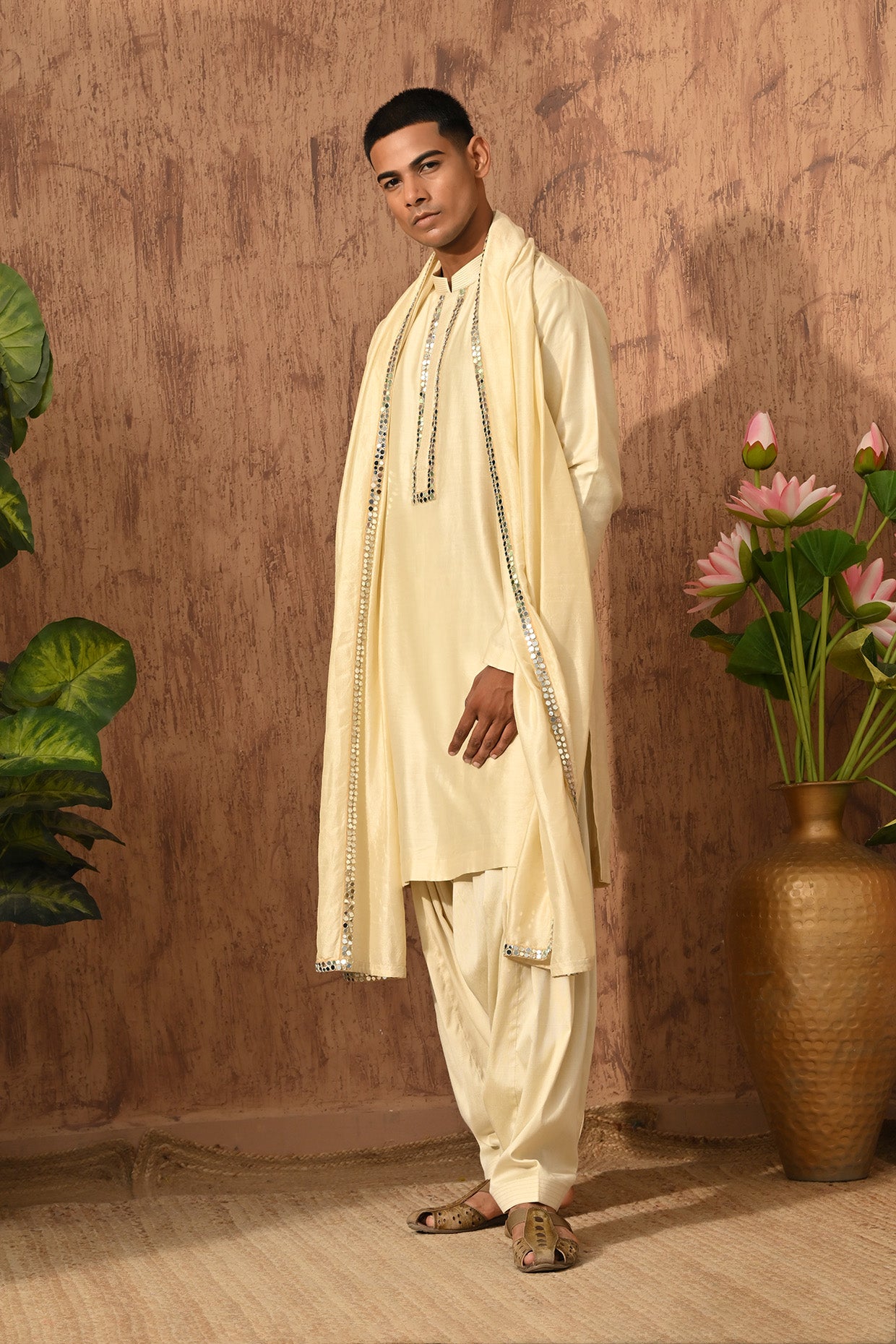 BEIGE VISCOSE SILK mens kurta slawar with stole
