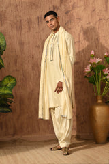 BEIGE VISCOSE SILK mens kurta slawar with stole