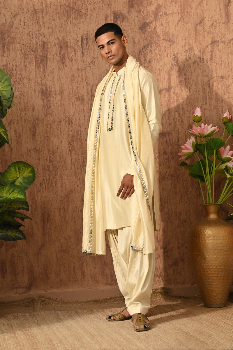BEIGE VISCOSE SILK mens kurta slawar with stole