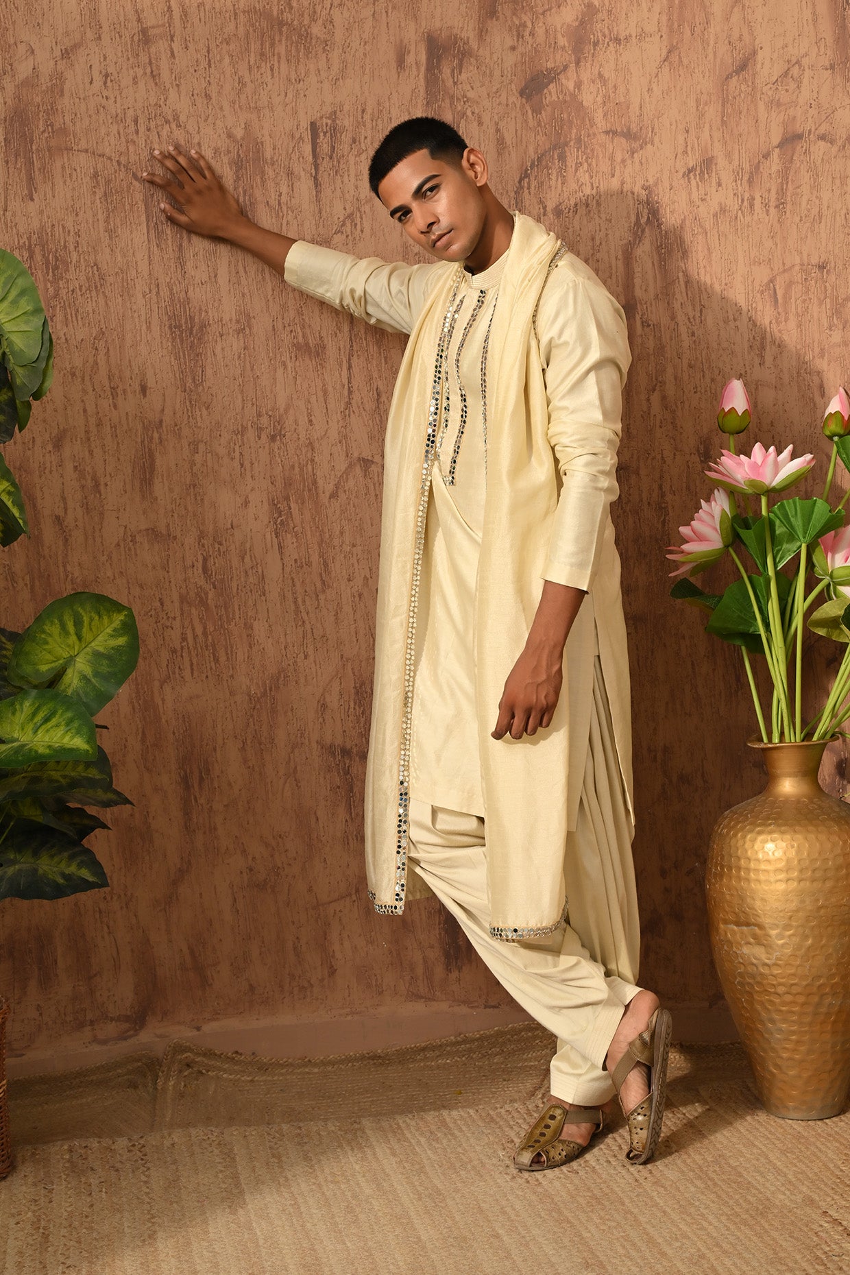 BEIGE VISCOSE SILK mens kurta slawar with stole