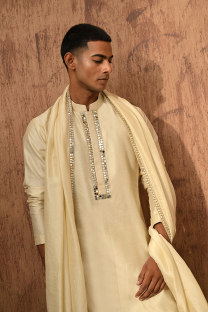BEIGE VISCOSE SILK mens kurta slawar with stole