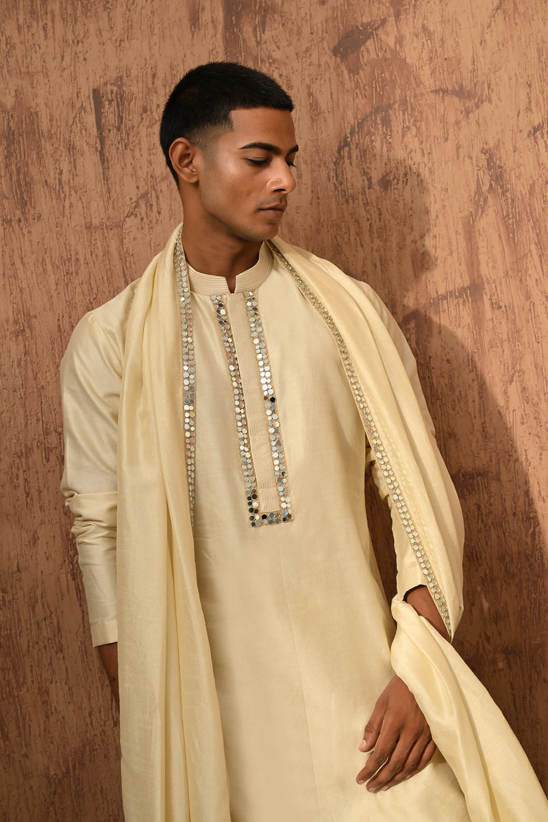 BEIGE VISCOSE SILK mens kurta slawar with stole