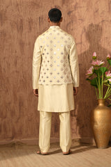 BEIGE TISSUE mens kurta pajama nehru jacket with mirrorwork