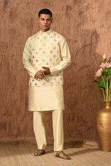BEIGE TISSUE mens kurta pajama nehru jacket with mirrorwork