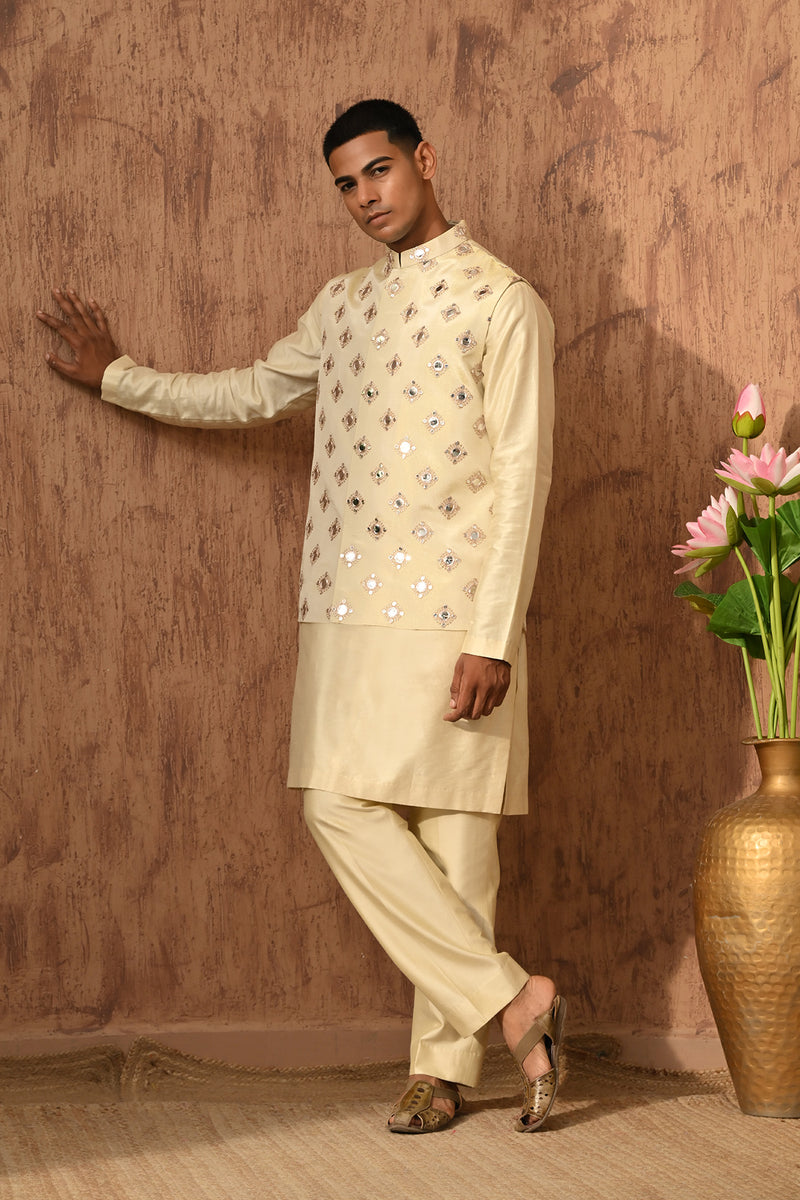 BEIGE TISSUE mens kurta pajama nehru jacket with mirrorwork