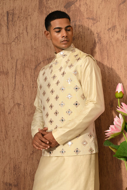 BEIGE TISSUE mens kurta pajama nehru jacket with mirrorwork