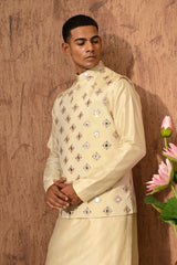 BEIGE TISSUE mens kurta pajama nehru jacket with mirrorwork
