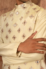 BEIGE TISSUE mens kurta pajama nehru jacket with mirrorwork