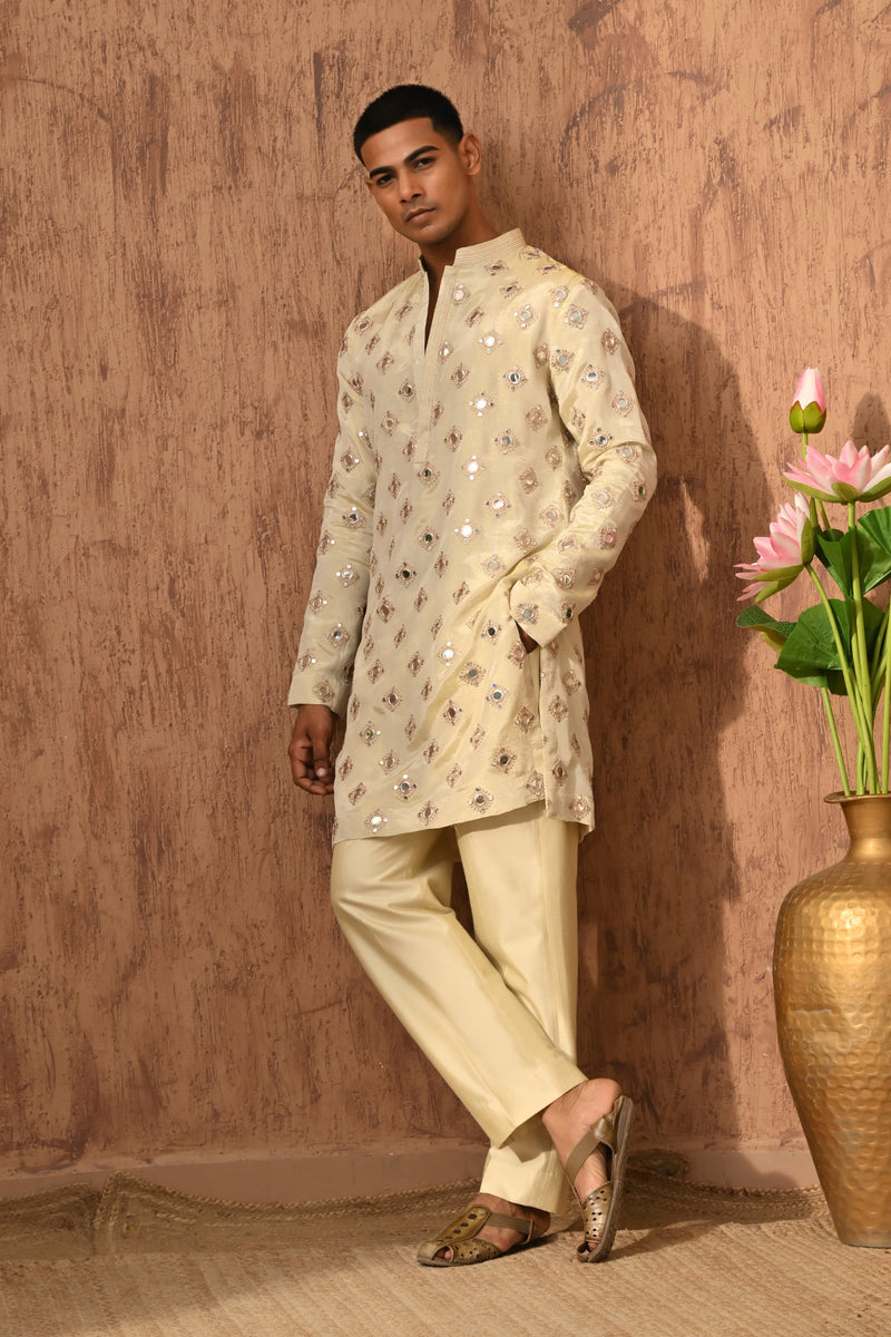 BEIGE TISSUE mens kurta pajama nehru jacket with mirrorwork