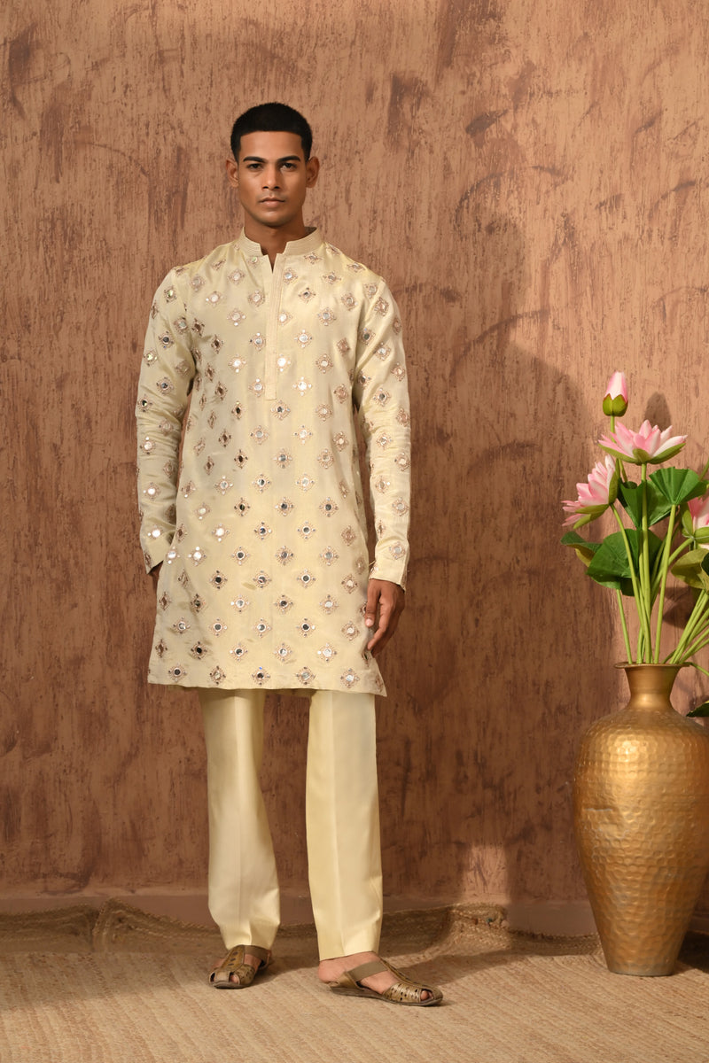 BEIGE TISSUE mens kurta pajama with mirrorwork