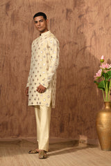 BEIGE TISSUE mens kurta pajama with mirrorwork