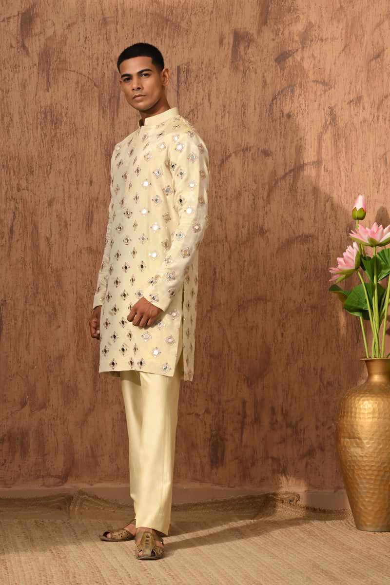 BEIGE TISSUE mens kurta pajama with mirrorwork