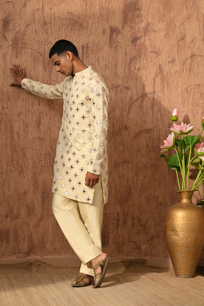 BEIGE TISSUE mens kurta pajama with mirrorwork