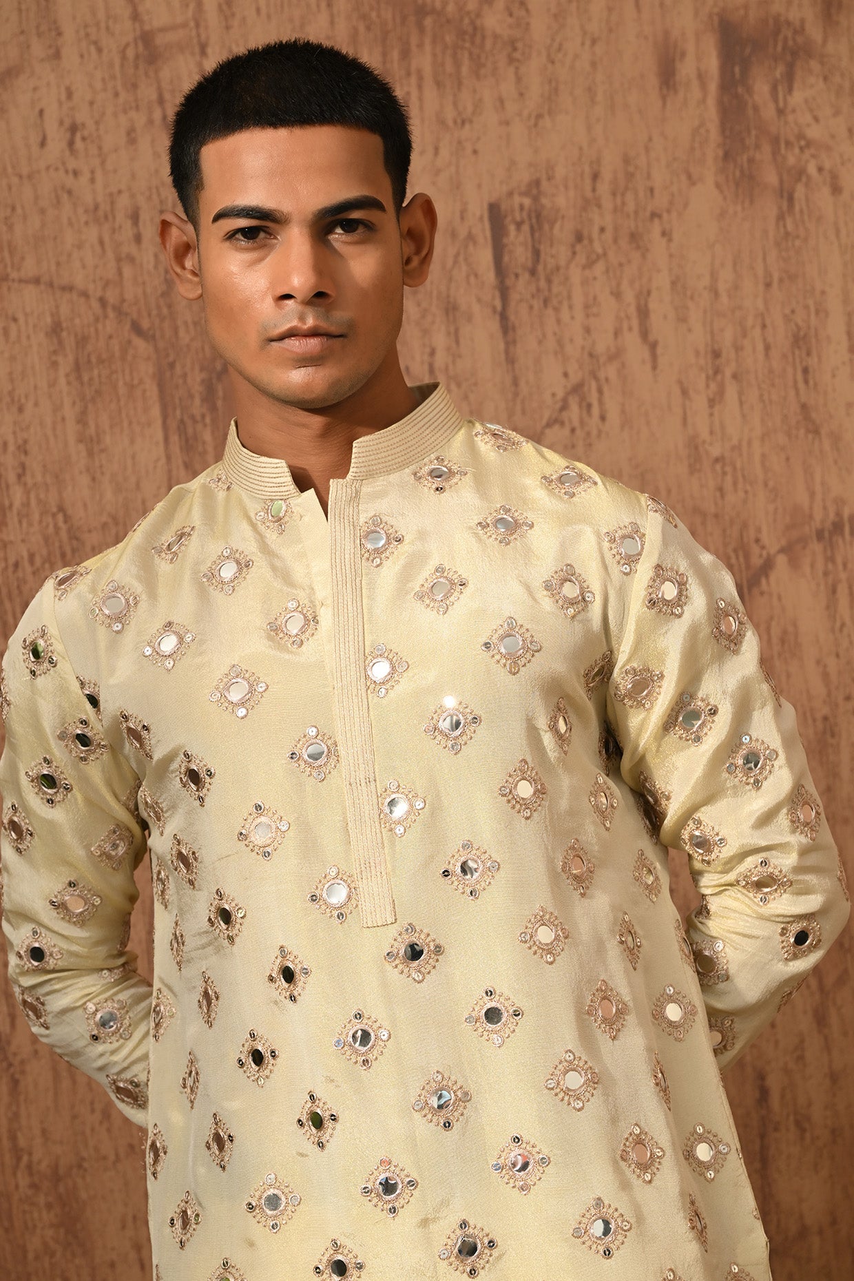 BEIGE TISSUE mens kurta pajama with mirrorwork