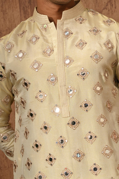 BEIGE TISSUE mens kurta pajama with mirrorwork
