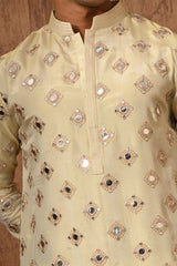 BEIGE TISSUE mens kurta pajama with mirrorwork