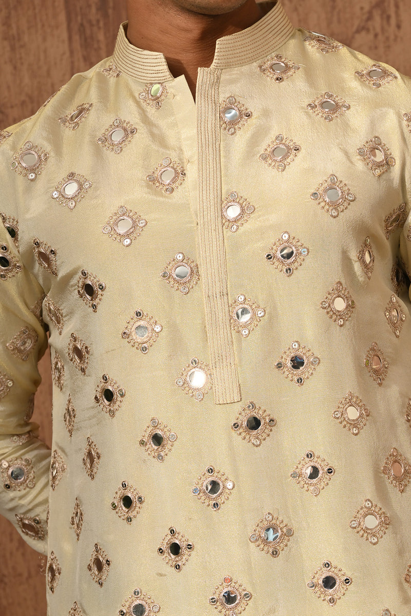 BEIGE TISSUE mens kurta pajama with mirrorwork
