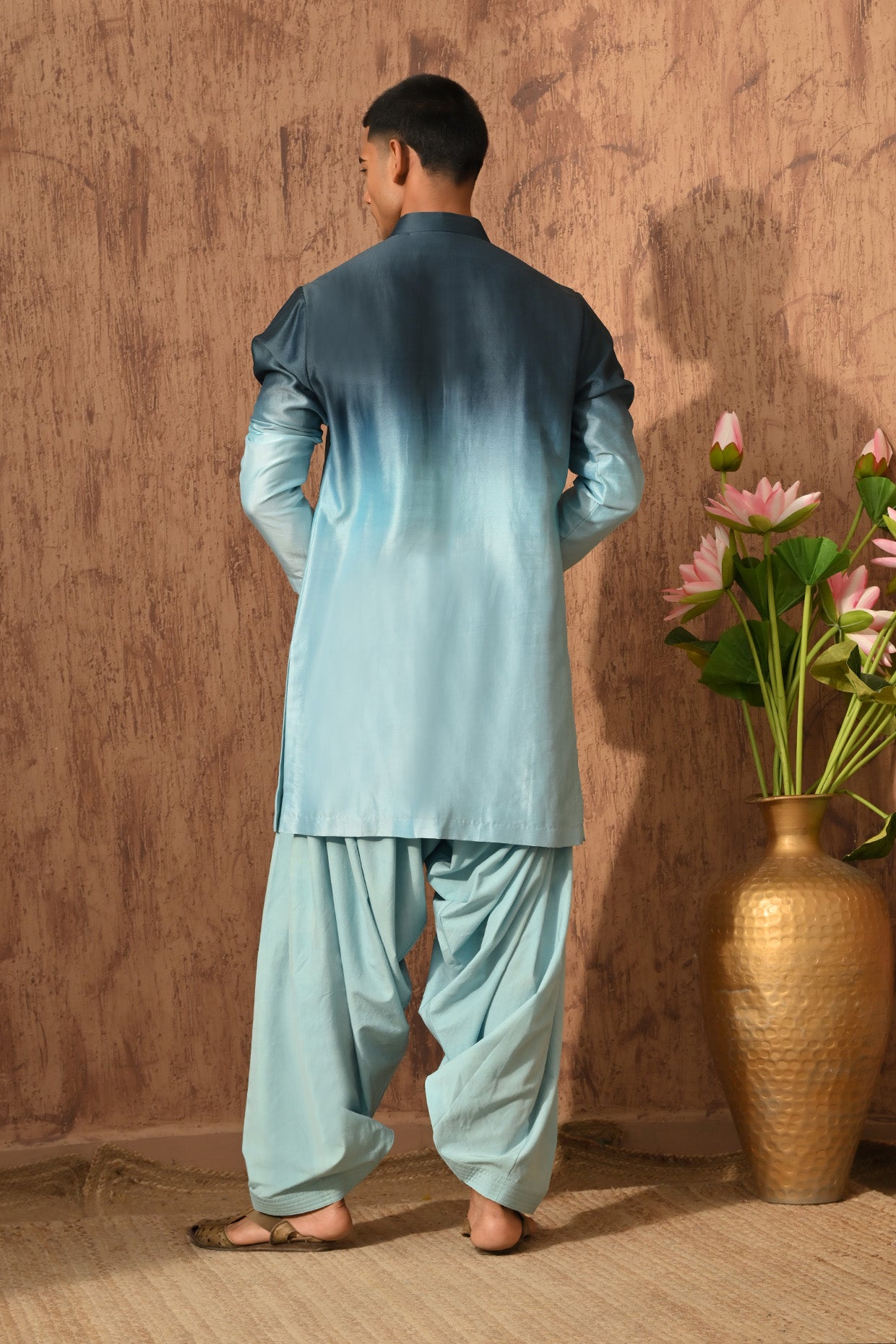BLUE CHANDERI mens kurta salwar with mirrorwork