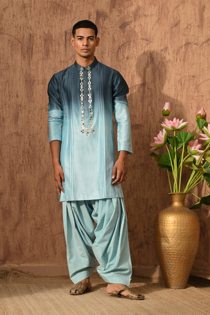 BLUE CHANDERI mens kurta salwar with mirrorwork