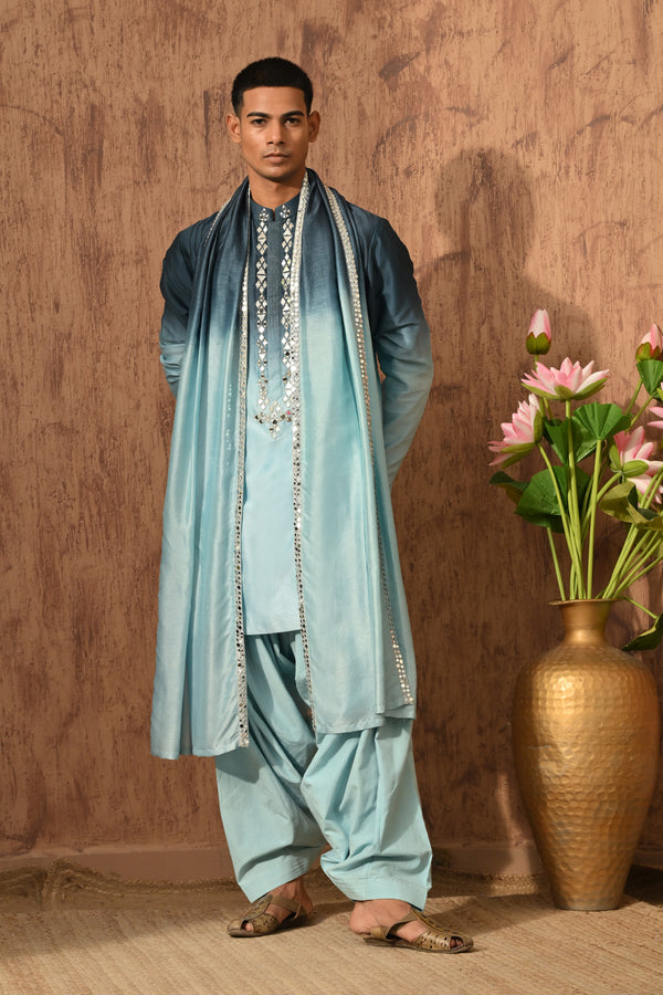 BLUE CHANDERI mens kurta salwar with mirrorwork