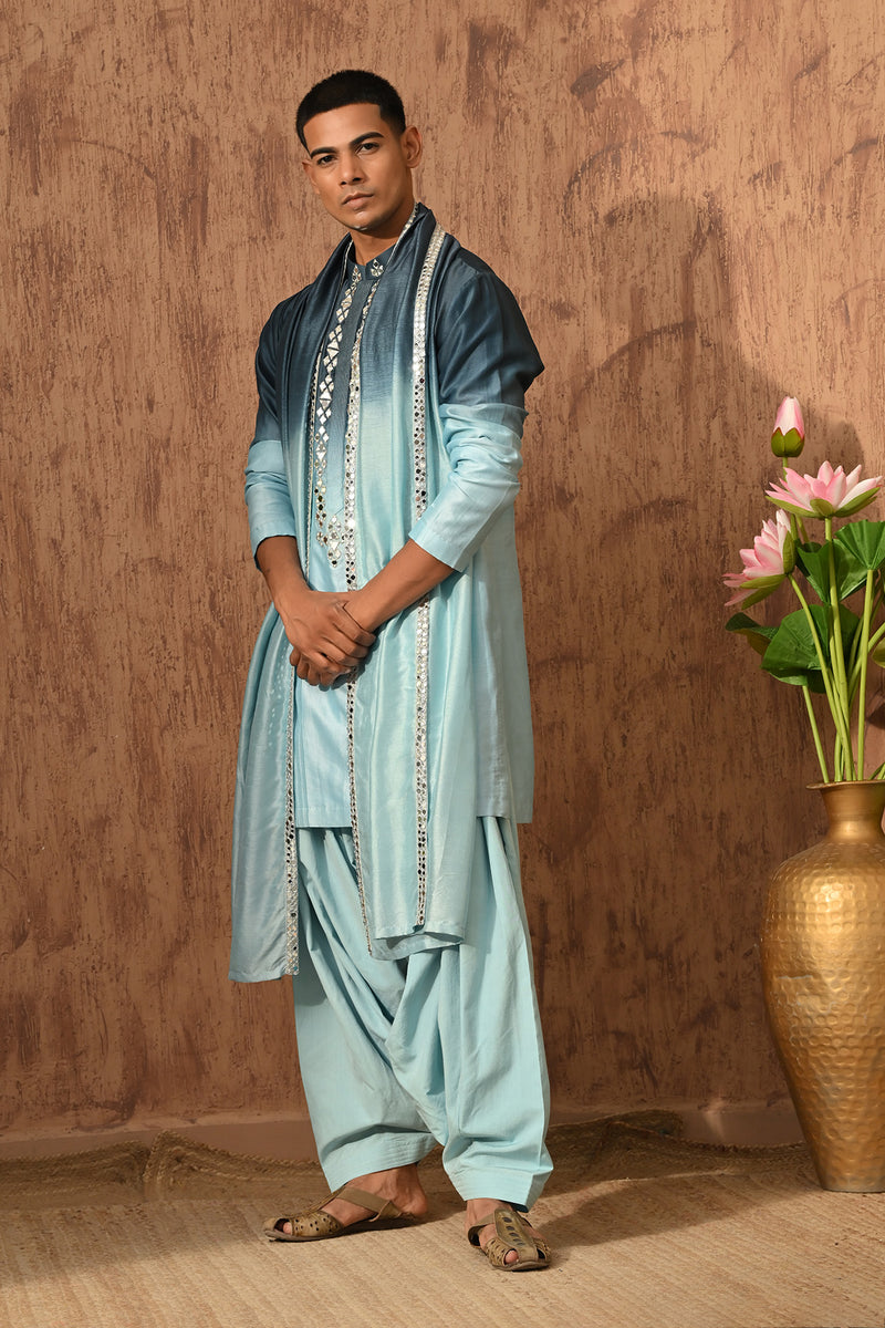 BLUE CHANDERI mens kurta salwar with mirrorwork