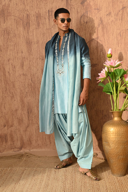 BLUE CHANDERI mens kurta salwar with mirrorwork