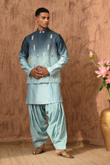 BLUE CHANDERI mens kurta salwar nehru jacket with mirrorwork